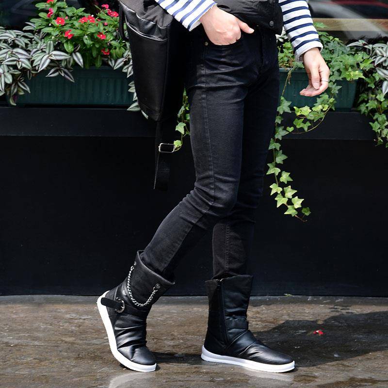 Men's boots trend Martin boots men's British high -top shoes Korean version of denim leather boots zipper rivet boots