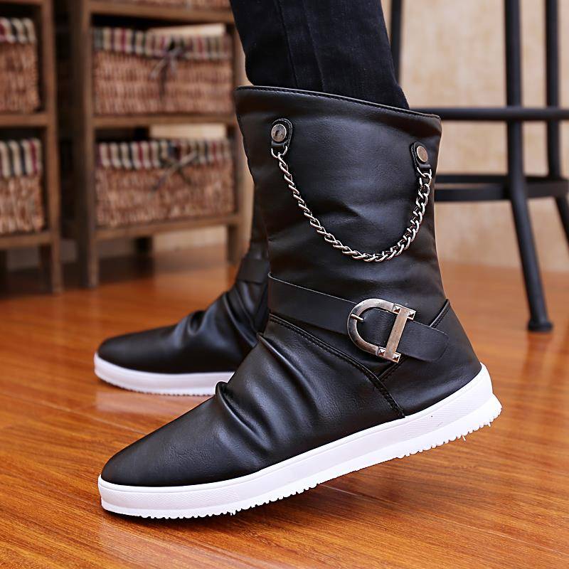 Men's boots trend Martin boots men's British high -top shoes Korean version of denim leather boots zipper rivet boots