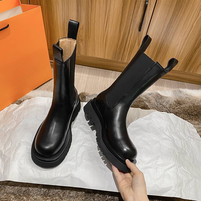 All -leather ~ Growing Martin Boots Women's British Wind in the Women in the Women in the Mid -Wind Mid -bottom Smooth Tubcita Boots Autumn Short Boots