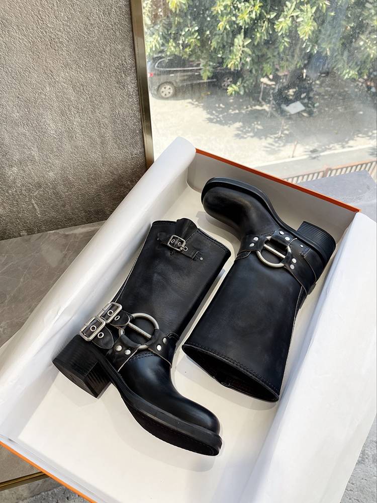 Leather is the old retro western denim boot belt buckle, thick heel, thick heel Martin boots, locomotive boots short boots