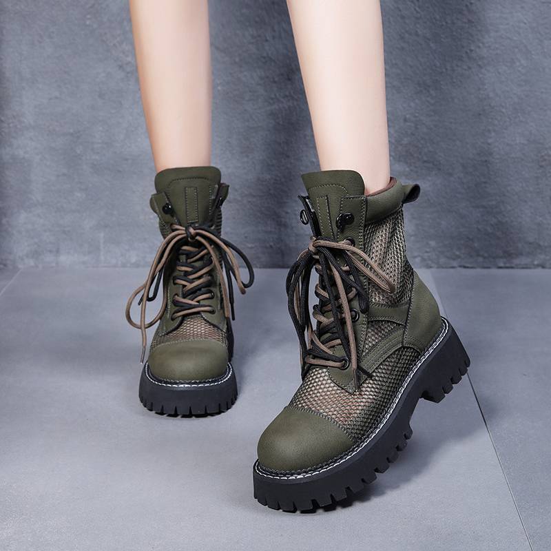 Leather big yellow boots female 2024 Summer thin mesh thick bottom breathable cold shoe Binglun style hollow Martin boots