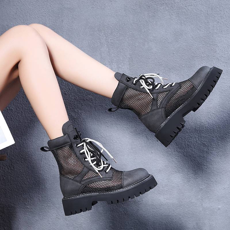 Leather big yellow boots female 2024 Summer thin mesh thick bottom breathable cold shoe Binglun style hollow Martin boots