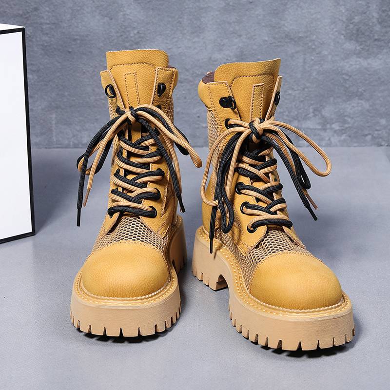 Leather big yellow boots female 2024 Summer thin mesh thick bottom breathable cold shoe Binglun style hollow Martin boots