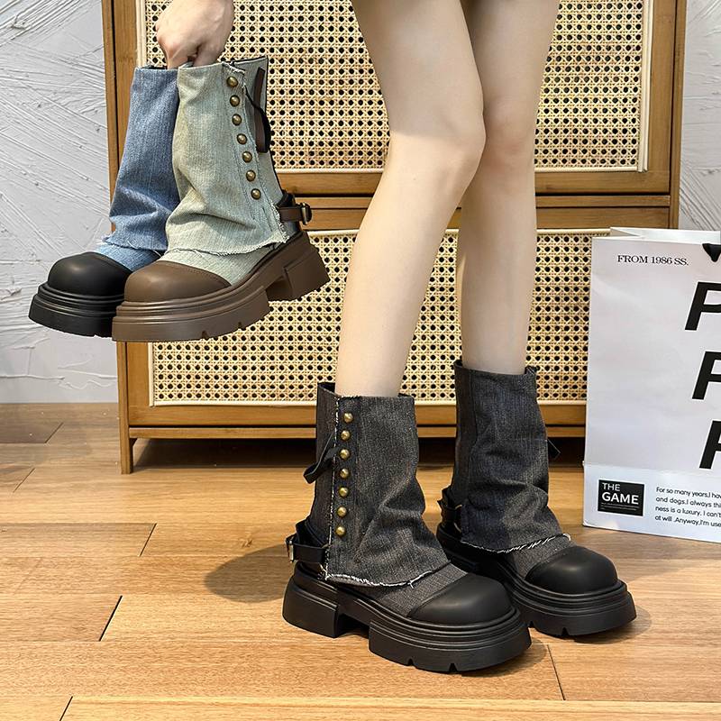 Jeans pipe boots female thick bottom, small, British style Martin boots 2024 new summer retro pile of boots