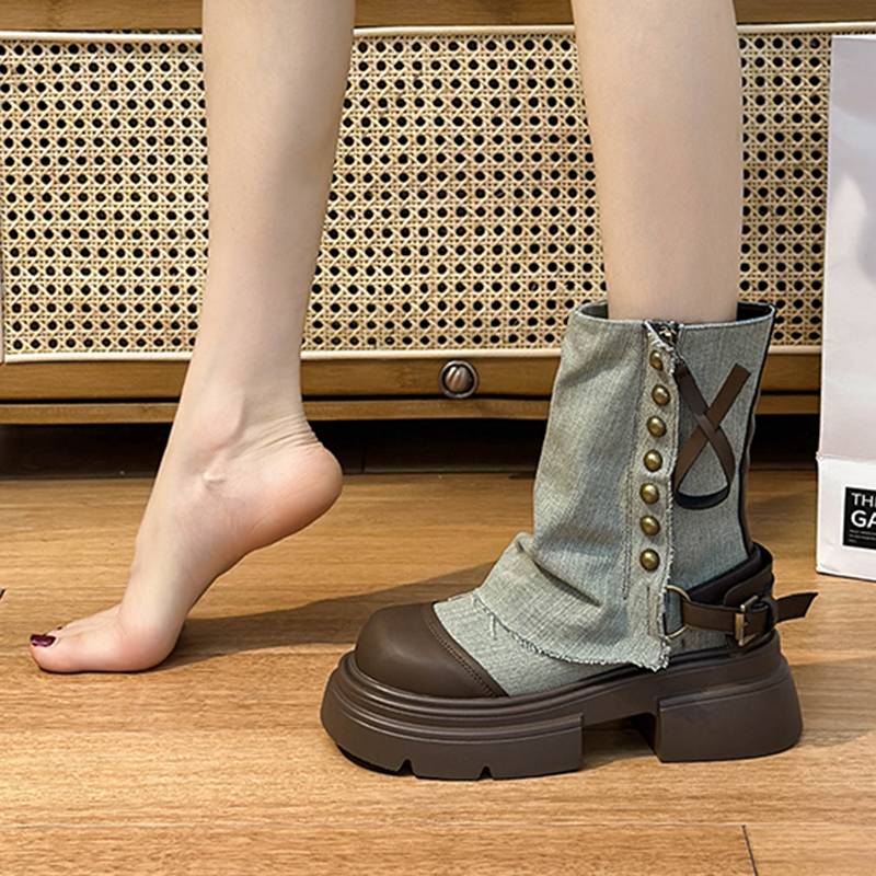 Jeans pipe boots female thick bottom, small, British style Martin boots 2024 new summer retro pile of boots