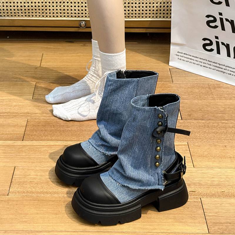 Jeans pipe boots female thick bottom, small, British style Martin boots 2024 new summer retro pile of boots