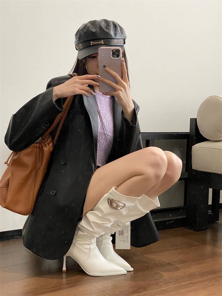 European and American wind pointed pointed heads thin but knee boots women 2023 fine heel boots back zipper high -heeled thin boots