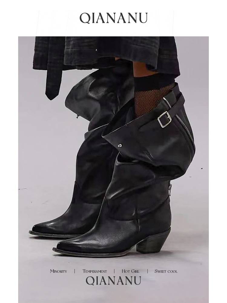R Sipper Western denim boots wide tube leather retro and thick heel can't heel the knee knight boots high tube pile boot boots 1 female 1