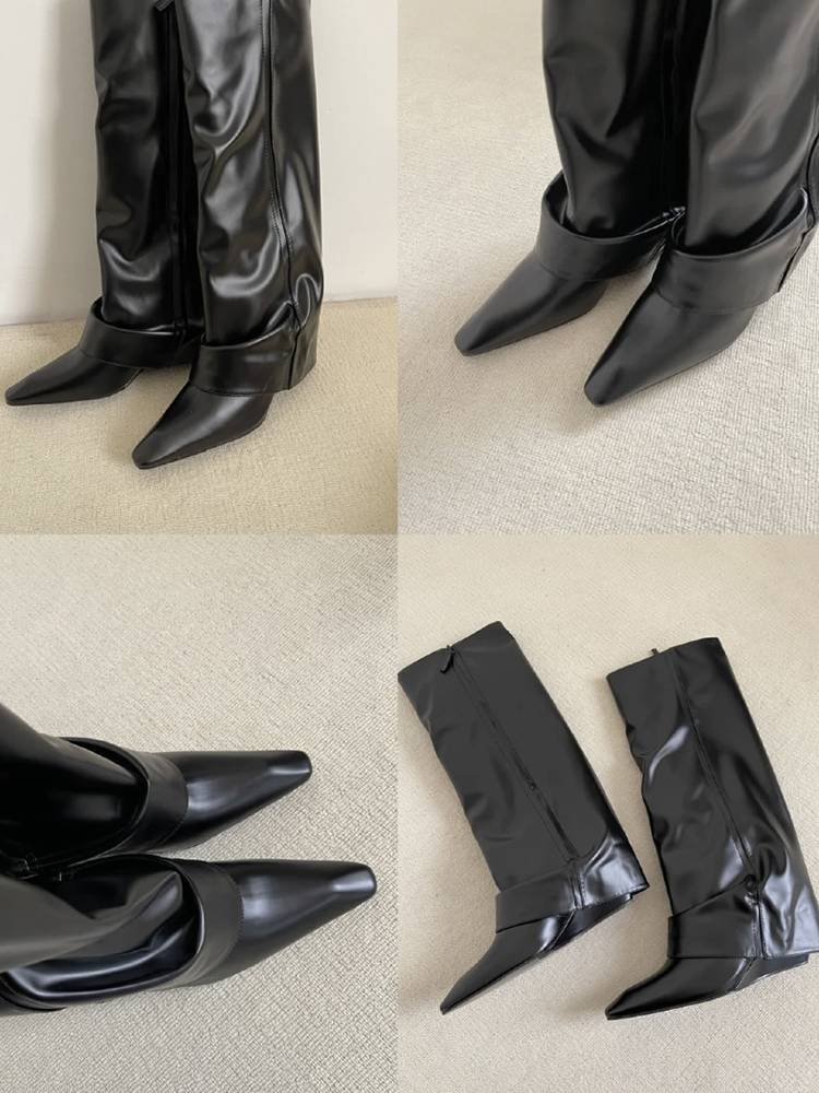 Lin Xiangwan 2024 new model, but knee high boots children pointed high -heeled knight boots patent leather niche pants pipe boots