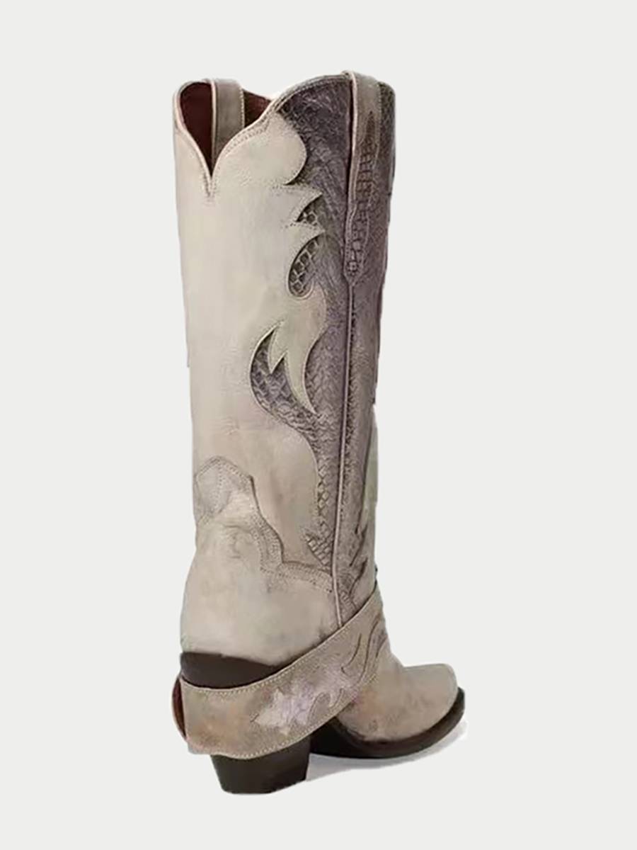 European and American retro leather medium ancient fashion boots female 2023 summer new high -heeled belt buckle western denim boots tide