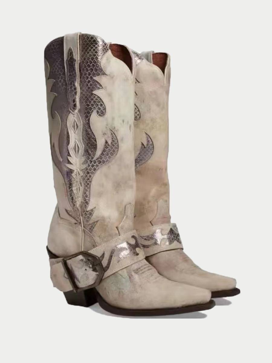 European and American retro leather medium ancient fashion boots female 2023 summer new high -heeled belt buckle western denim boots tide