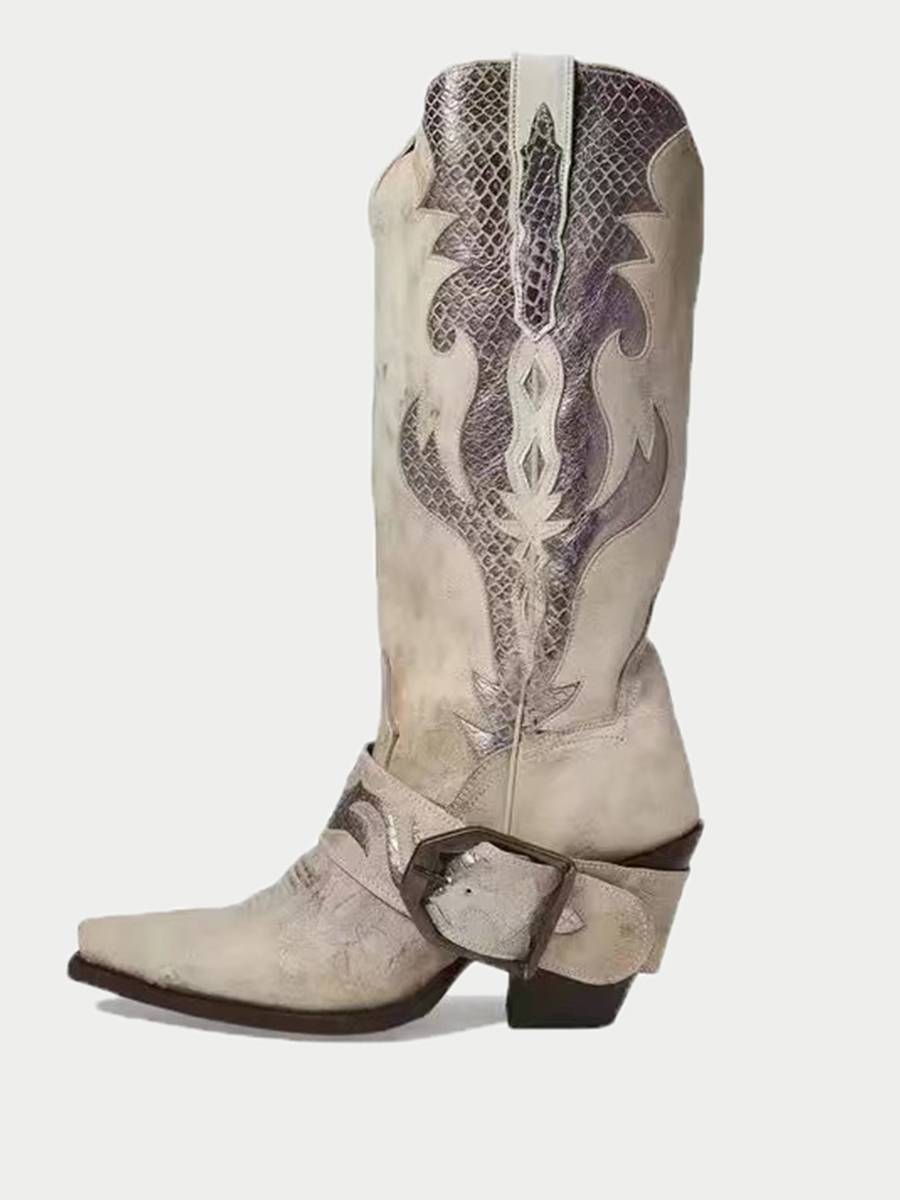 European and American retro leather medium ancient fashion boots female 2023 summer new high -heeled belt buckle western denim boots tide