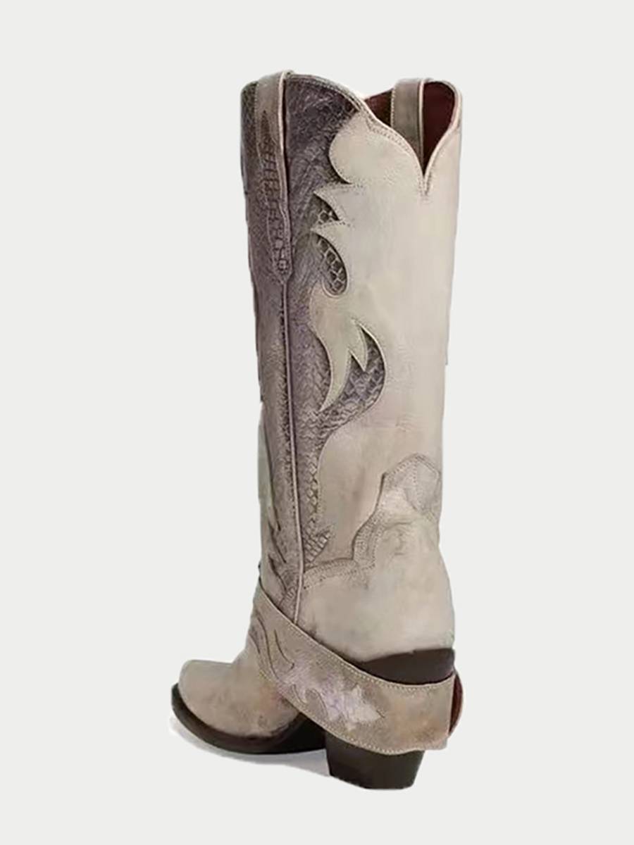 European and American retro leather medium ancient fashion boots female 2023 summer new high -heeled belt buckle western denim boots tide
