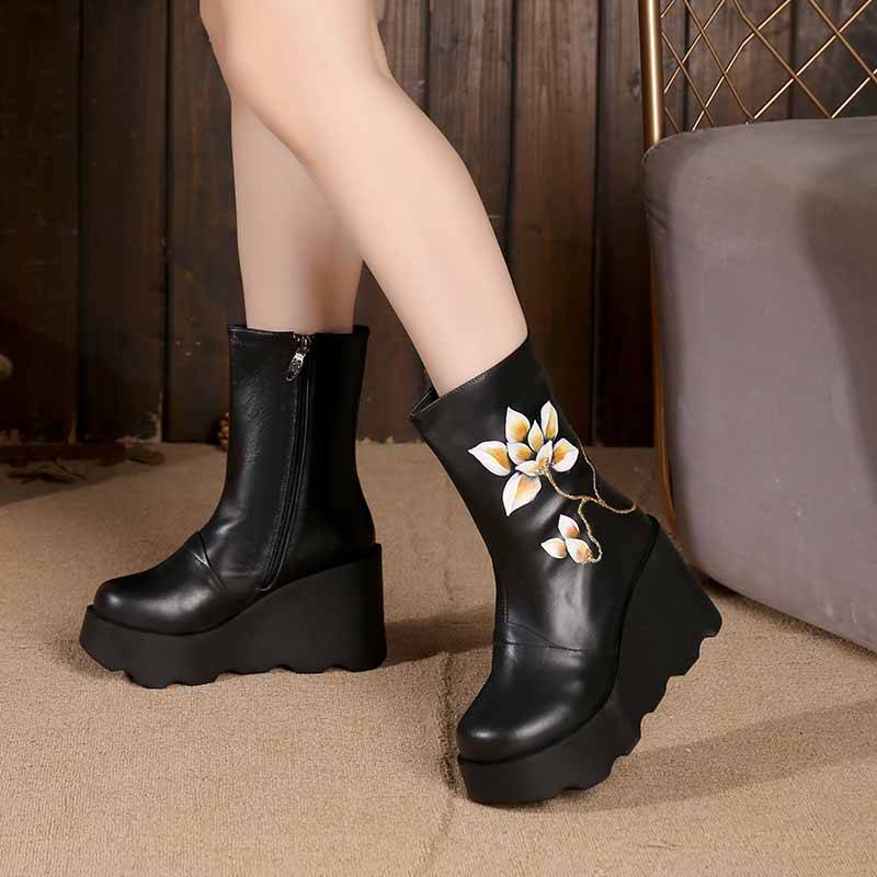 Autumn and winter of 2022, new ethnic head layer cowhide short single boots women's shoe round head waterproof platform ultra -high heels boots