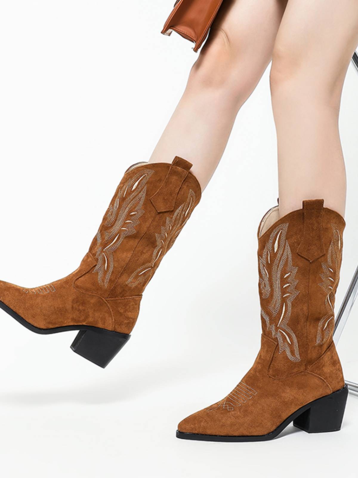 2024 autumn and winter new Bohemian ethnic wind embroidered denim Western boots, rough heels, knee boots, horses boots