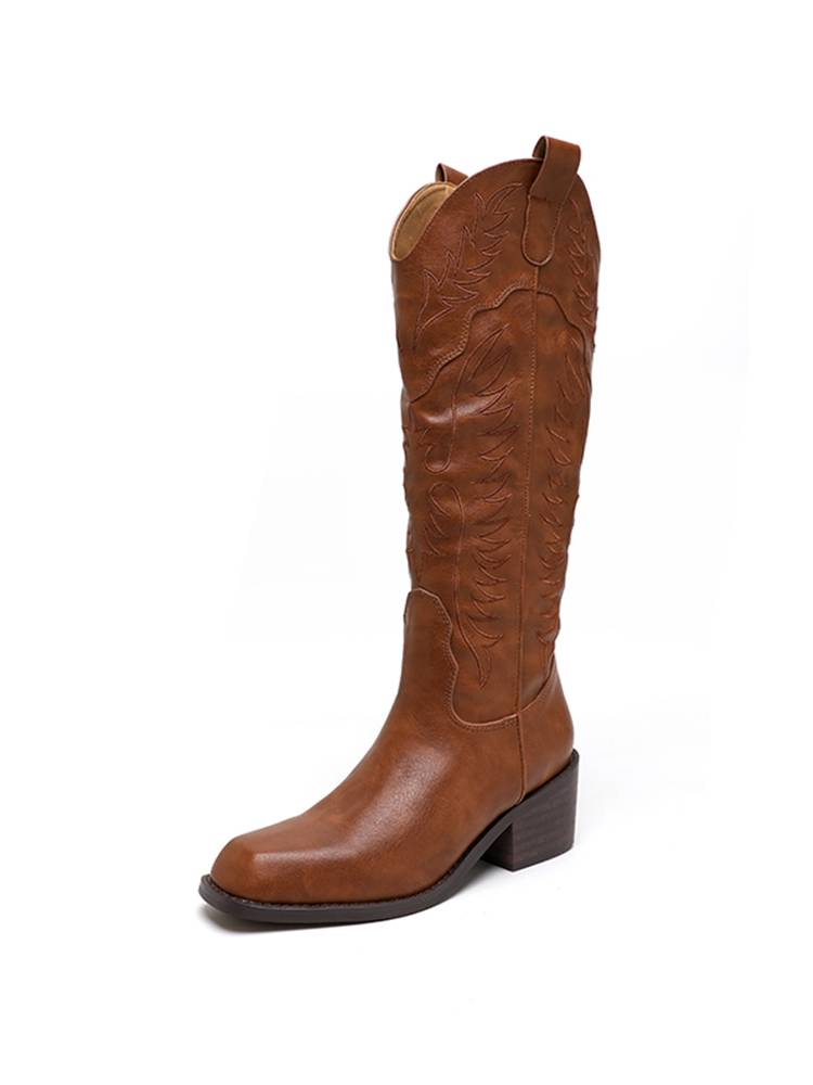 Yi Mengling Boots Boots Boots Leather Embroidery High -Hee Voucher Vites Western denim Boots Brown Boots Knight Boots