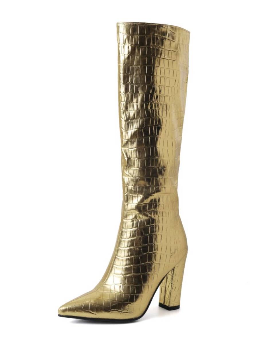 European and American pointed rough heel stone pattern size size and knee boots sleeve performance walking fashion boots silver high boots