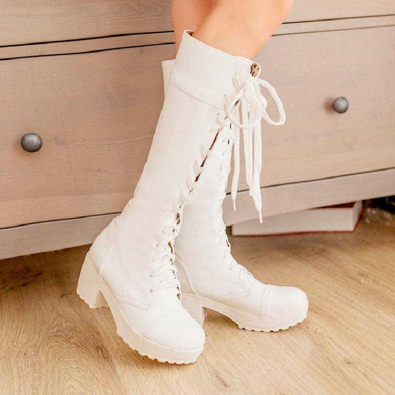 Chinese heel women's boots COS role -playing stage British Knight boots lace white thick black high tube Martin boots