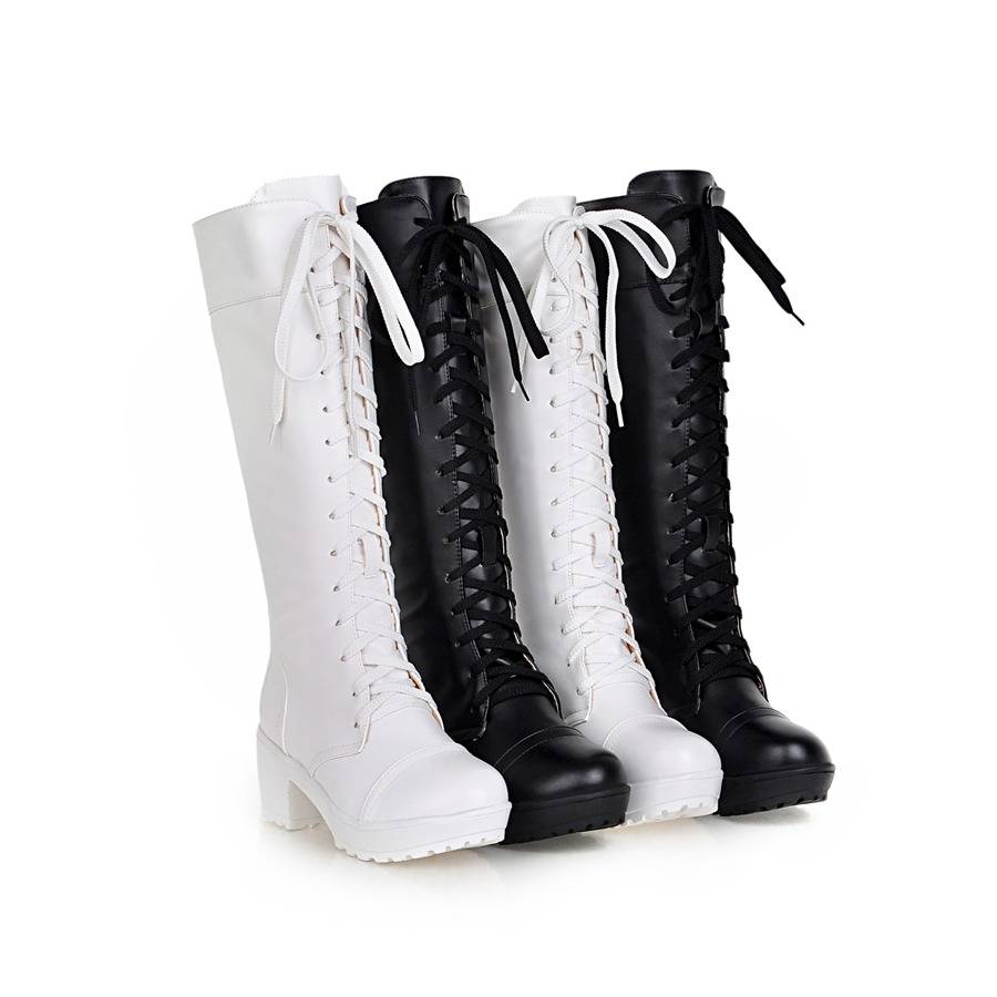 Chinese heel women's boots COS role -playing stage British Knight boots lace white thick black high tube Martin boots