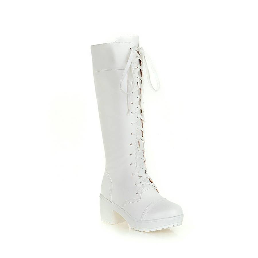 Chinese heel women's boots COS role -playing stage British Knight boots lace white thick black high tube Martin boots