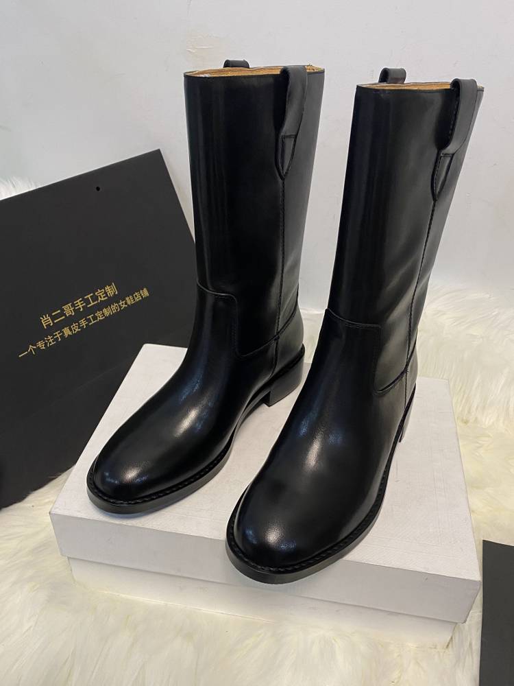 Head layer Pure leather mid -leather boot boots women's straight high boots are thin and low -heeled mid -boots versatile western boots and horse boots