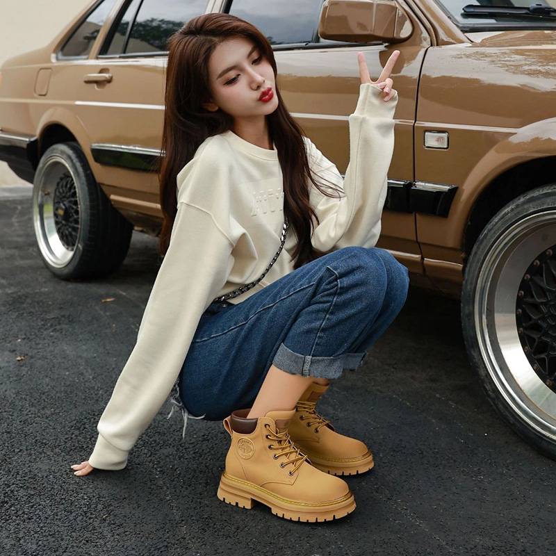 Rhubarb boots Martin boots female 2024 new summer leather British thick bottom increase short boots to kick rotten boots