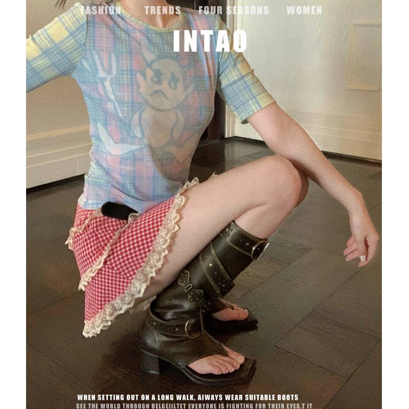 Fried Street high -heeled hot girl pants pipe boots 2024 summer new toe human character juvenile boots rivet high tube fashion boots