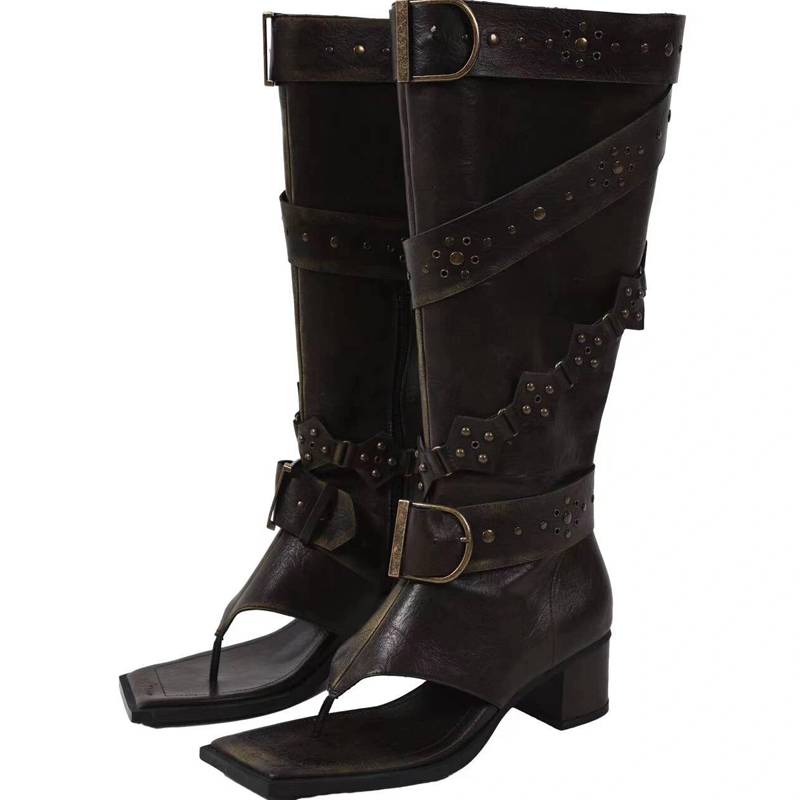 Fried Street high -heeled hot girl pants pipe boots 2024 summer new toe human character juvenile boots rivet high tube fashion boots