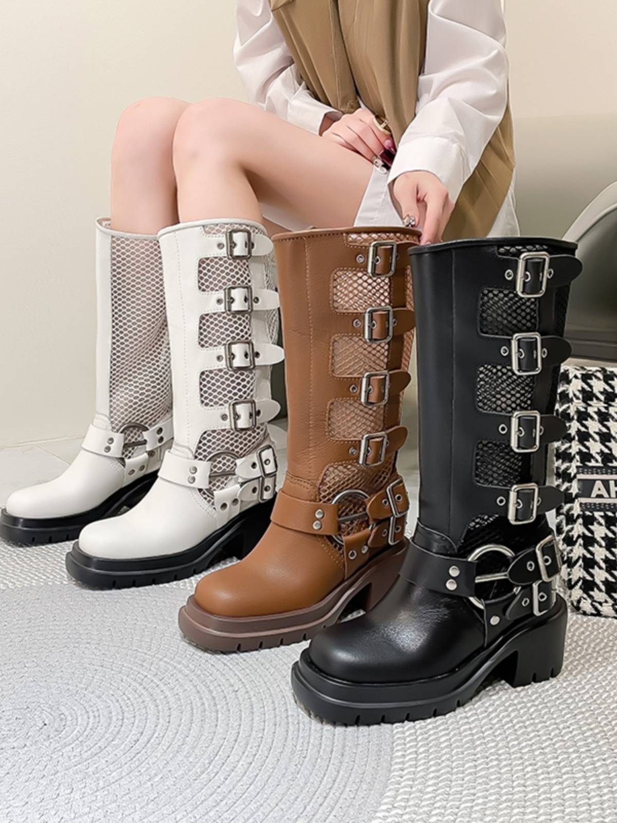 Retro rubbing color leather increased 11 cm high -heeled brown boots belt buckle motor car leather boots