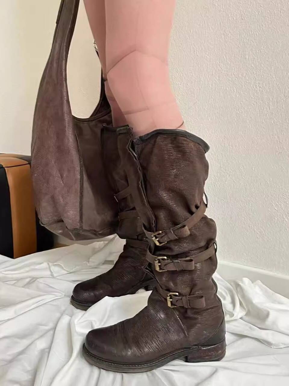Waste soil wind retro belt buckling street pile boots female 2024 new niche brown denim boots boots