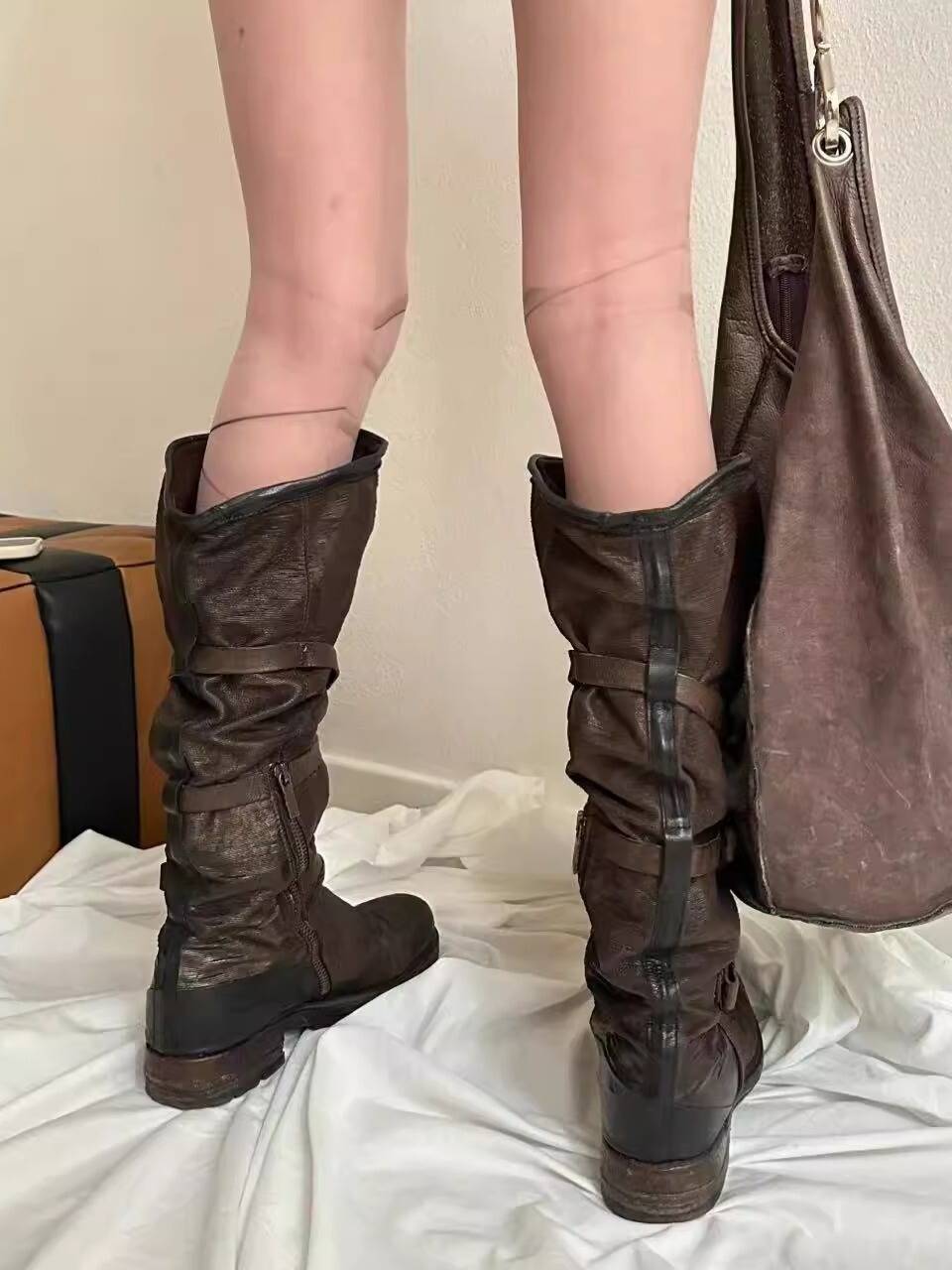 Waste soil wind retro belt buckling street pile boots female 2024 new niche brown denim boots boots