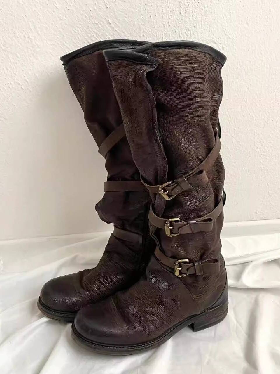 Waste soil wind retro belt buckling street pile boots female 2024 new niche brown denim boots boots