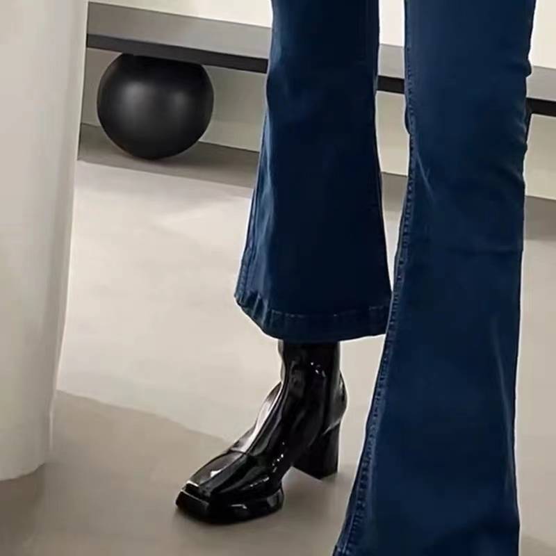 French square head thick heel short boots female black leather high heel back zipper Martin boots patent leather thin boots winter