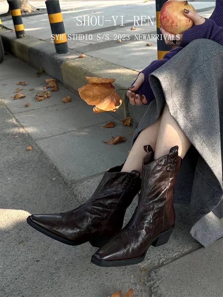 Wrinkle leather boots short boots street women's shoes 2024 new thick British wind locomotive mid -tube increase Martin boots