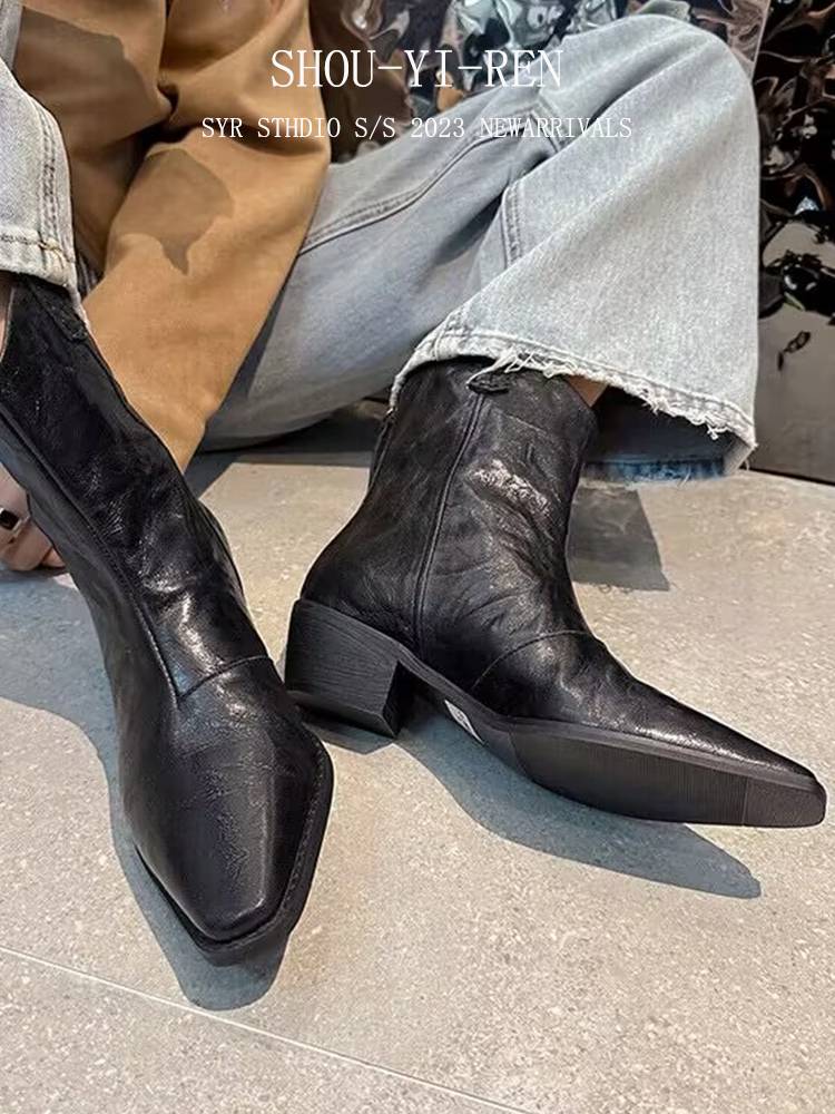 Wrinkle leather boots short boots street women's shoes 2024 new thick British wind locomotive mid -tube increase Martin boots