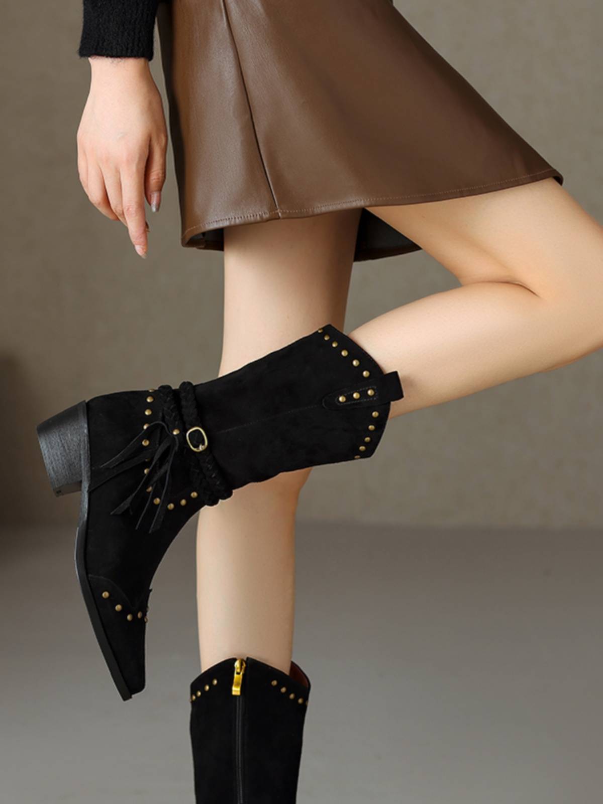Fracus retro leather thick and western denim boots women's rivet boots 2024 autumn and winter new horse boots equestrian boots