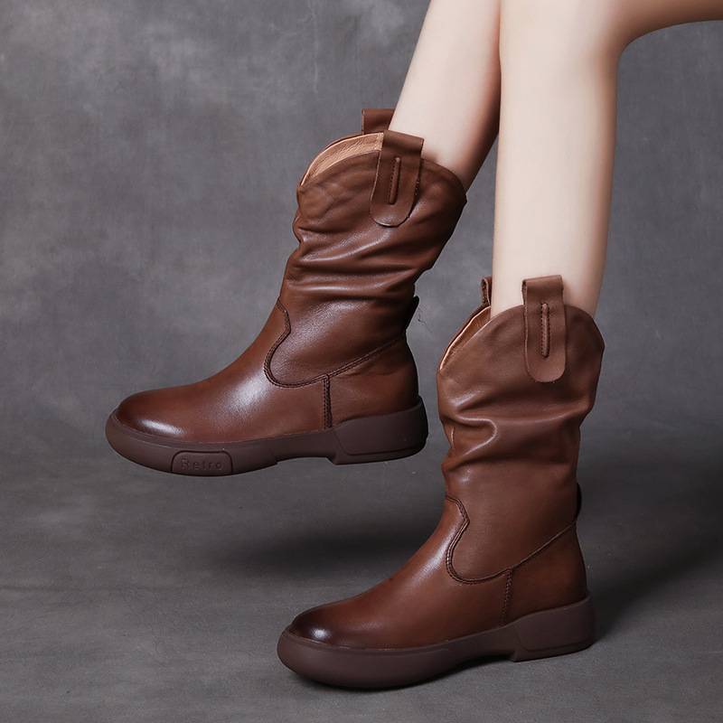 Outdoor horse boots pile boots female leather boots in the autumn and winter flat soft leather single boots trend wild Martin boots
