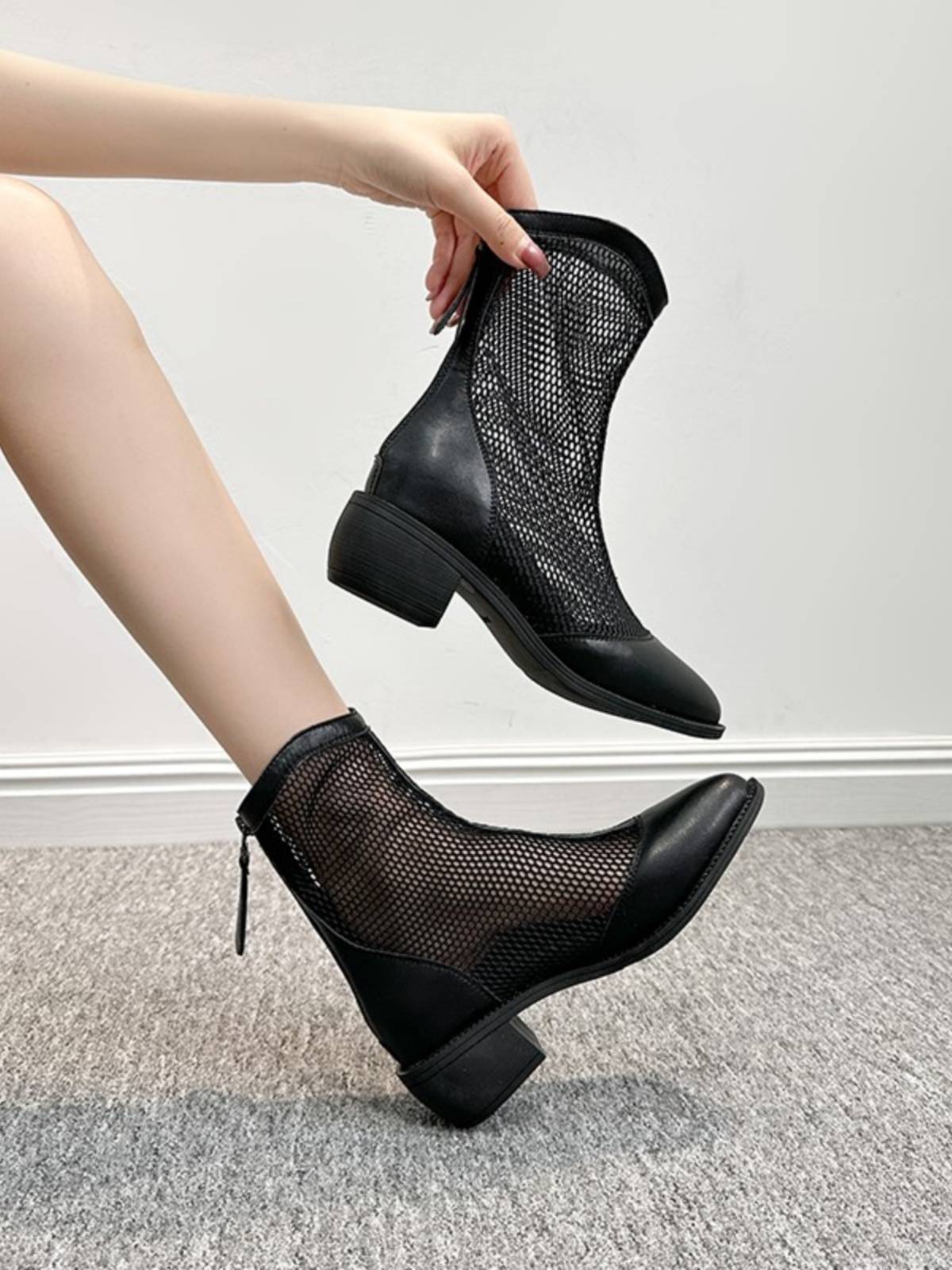 GUIDI FAME increases high hollow Martin boots female summer thin leather net yarn jelly boots pointed heel rough boots