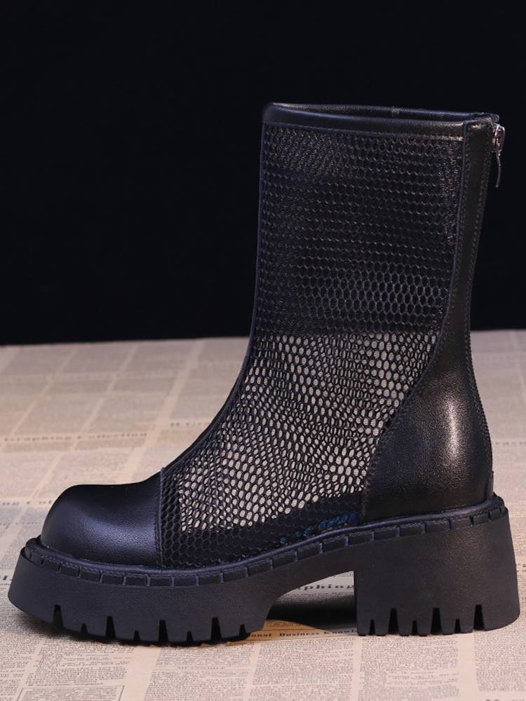 Guidi Fame Black Hollow Martin Boots Female Summer thin leather thick -bottomed short boots net gauze breathable cold boots female