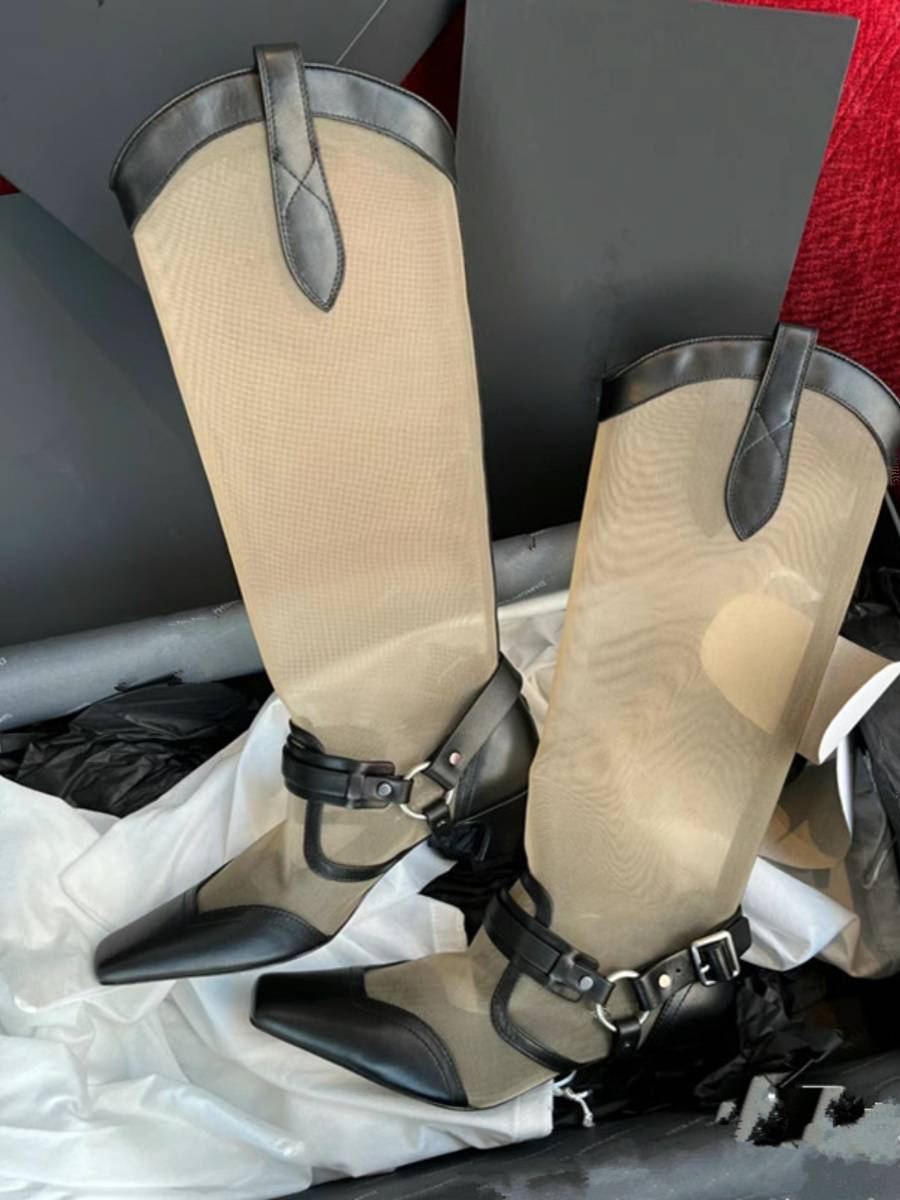 In 2024, the new party's head transparent buckle boots boots western denim boots thick heel high -heeled retro British horse boots female