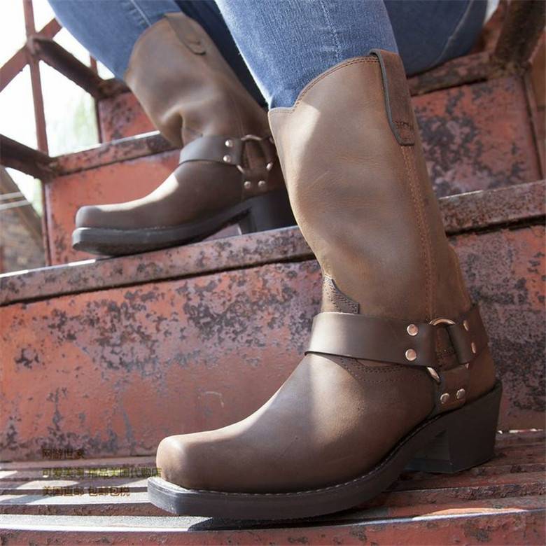 Purchasing durango leather leather leather wear -resistant square head and thick bottom locomotive boots equestrian boots female cowboy boots medium tube