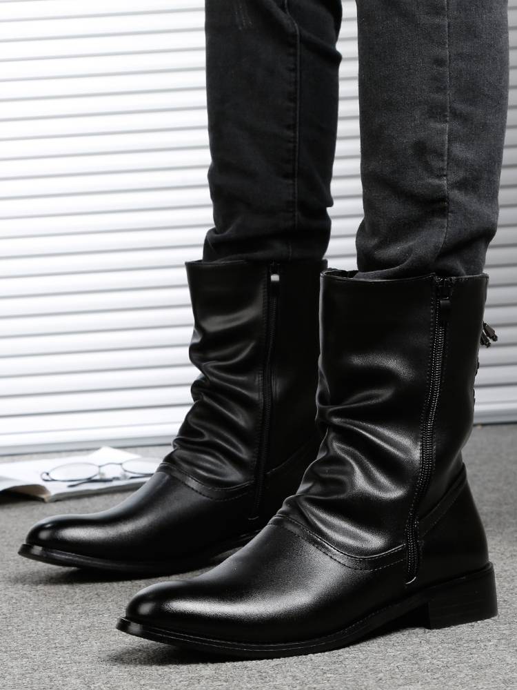 British style men's boots Korean trendy leather short boots high -top mid -tube high -end leather boots men's Martin boots