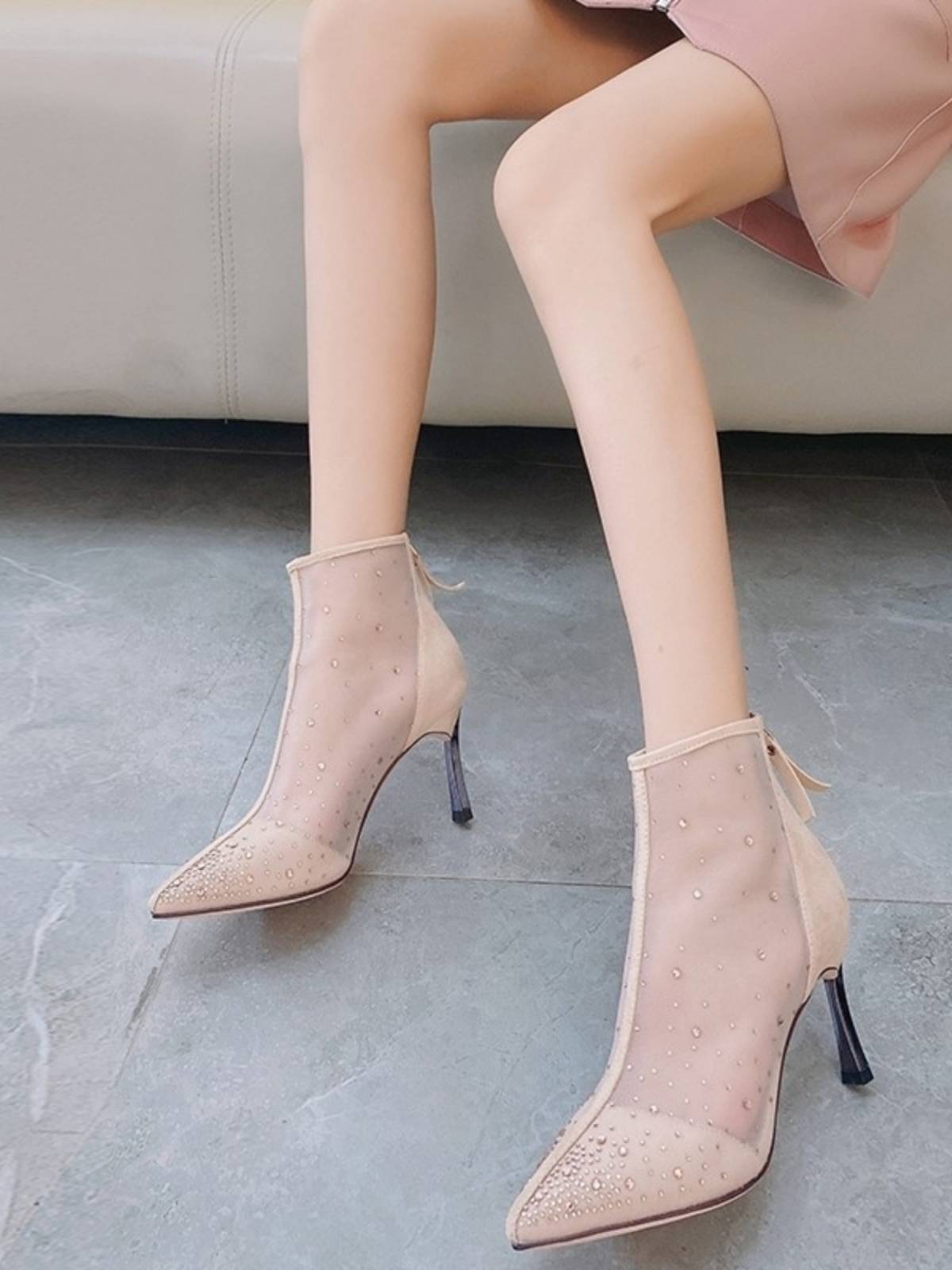 Guidi Fame rhinestone pointed piping thin -heeled short boots female 2024 new summer black high -heeled boots breathable net boots