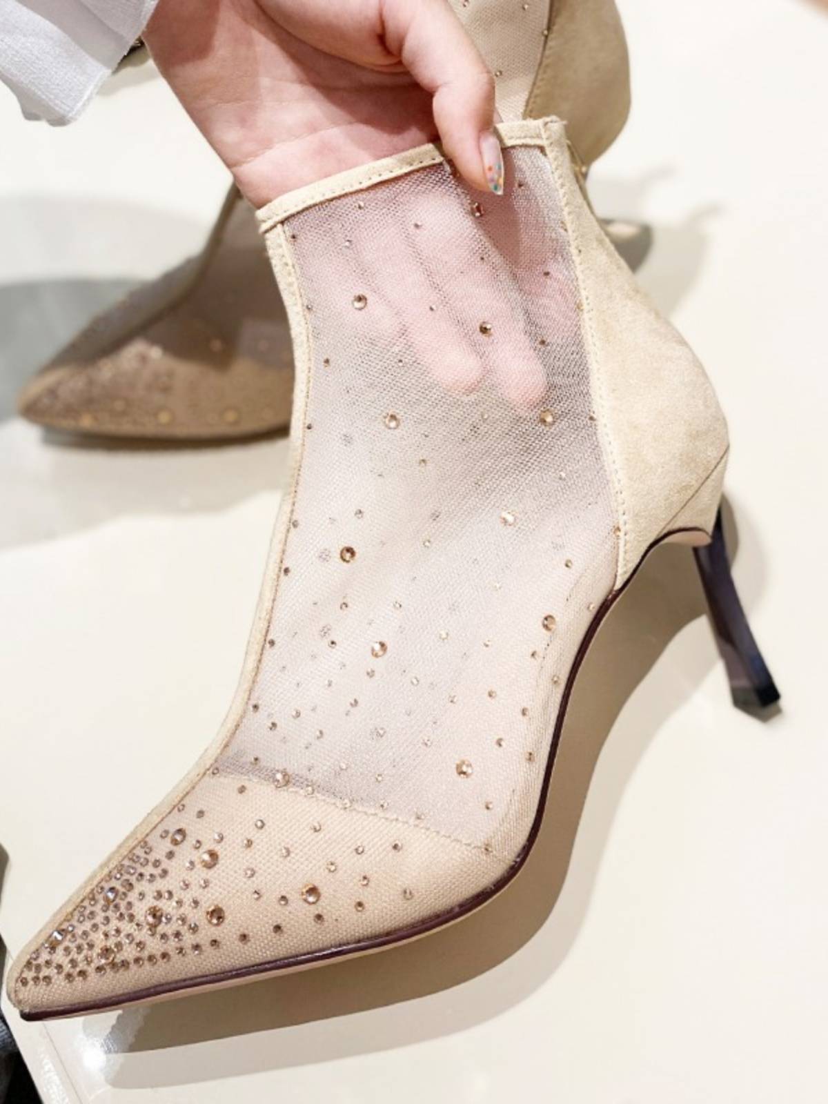 Guidi Fame rhinestone pointed piping thin -heeled short boots female 2024 new summer black high -heeled boots breathable net boots