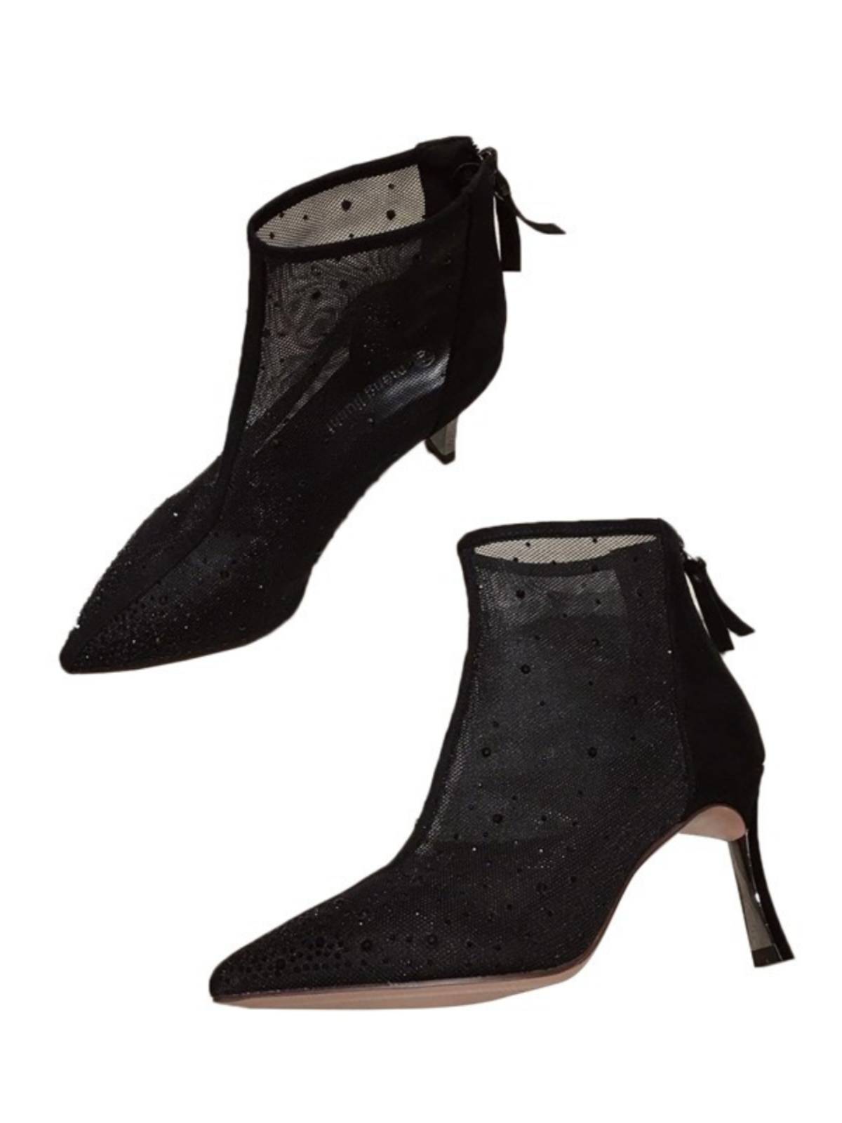 Guidi Fame rhinestone pointed piping thin -heeled short boots female 2024 new summer black high -heeled boots breathable net boots