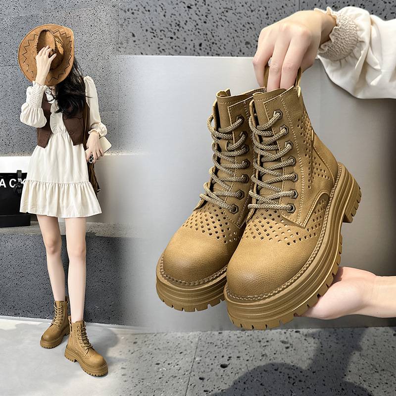 Thick -bottom big yellow boots female 2024 new inner increase leather hollow Martin boots small western denim boots
