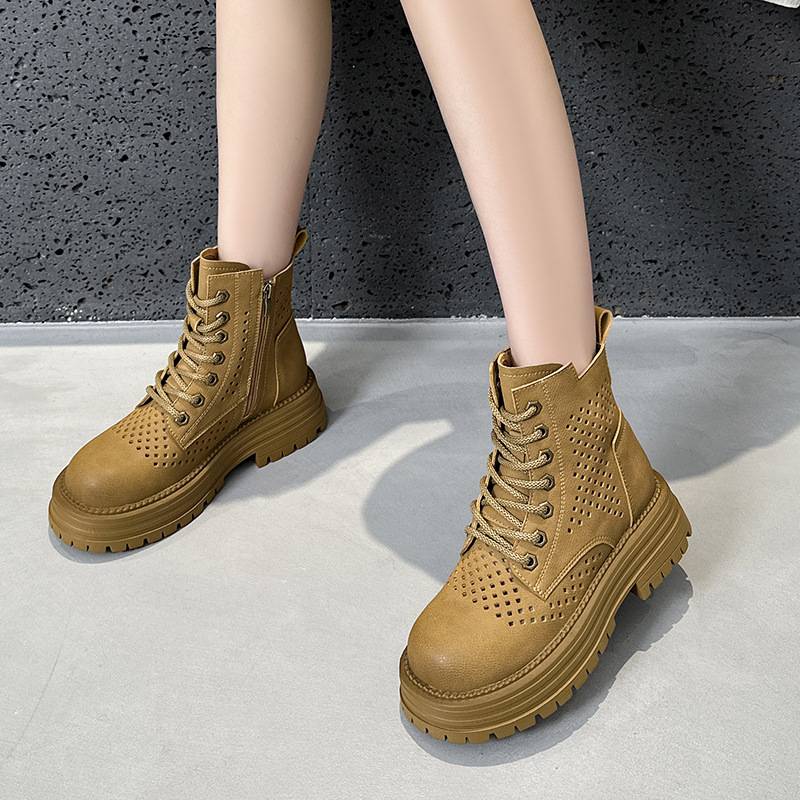 Thick -bottom big yellow boots female 2024 new inner increase leather hollow Martin boots small western denim boots