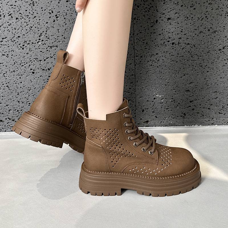 Thick -bottom big yellow boots female 2024 new inner increase leather hollow Martin boots small western denim boots