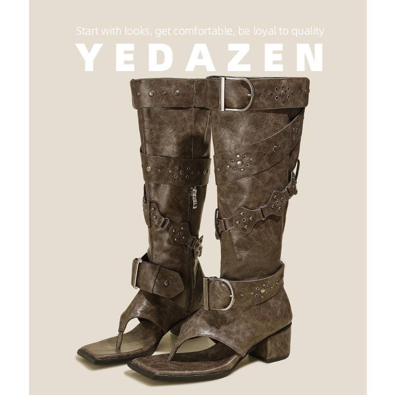 Cowhide ~ Black Humilizer Clamp Roman Boots Summer High -Hee Western Boot Coarse -toed Long Tube Thin Boots