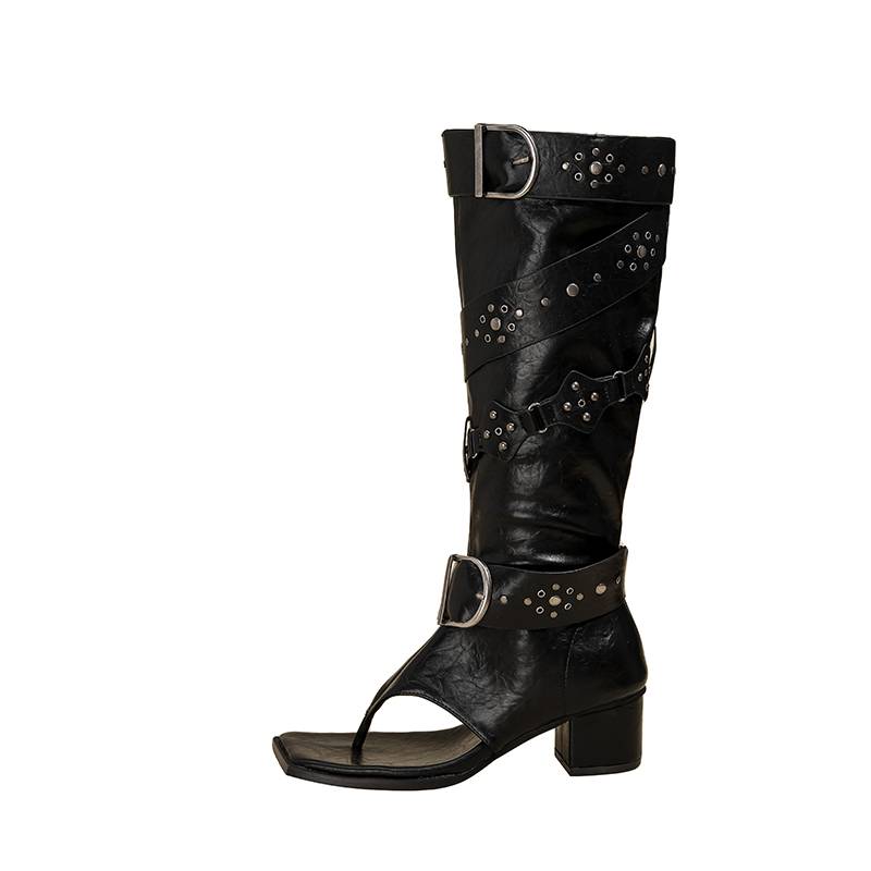 Cowhide ~ Black Humilizer Clamp Roman Boots Summer High -Hee Western Boot Coarse -toed Long Tube Thin Boots